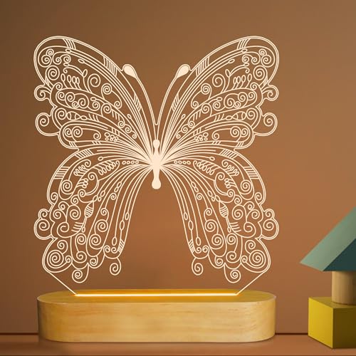 3D optische Täuschung Lampe Schmetterling Nachtlicht für Kinder Baby Mädchen Schlafzimmer Dekor Geschenke, weiche warmweiße Farben Holzsockel Nachttischlampe… von Lightzz