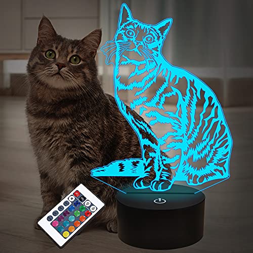 Cat Pet Geschenke für Kinder Mädchen, 3D Illusion LED Cat Lampe Nachtlicht mit Fernbedienung 16 Farben Wechseldekoration Nachttischlampen von Lightzz
