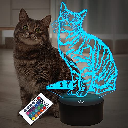 Lightzz Cat Pet Geschenke für Kinder Mädchen, 3D Illusion LED Cat Lampe Nachtlicht mit Fernbedienung 16 Farben Wechseldekoration Nachttischlampen von Lightzz