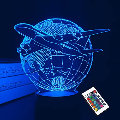 Lightzz Flugzeug 3D Illusion Nachtlicht LED Erde Tischlampe 16 Farbe Geburtstagsgeschenke für Jungen Männer Pilot Büro Raumdekoration von Lightzz