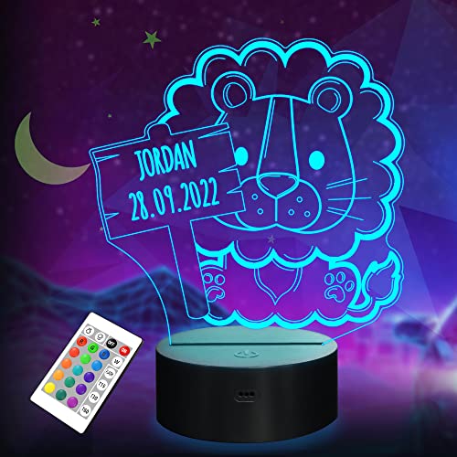 Lightzz Nachtlicht Kinder Personalisierte Geschenke Baby 3D LED mit Name Acryl Nachtlampe,16 Farben Fernbedienung,Raumdekoration Geschenk für Mädchen Jungen Frauen Geburtstag Weihnacht (Löwe) von Lightzz