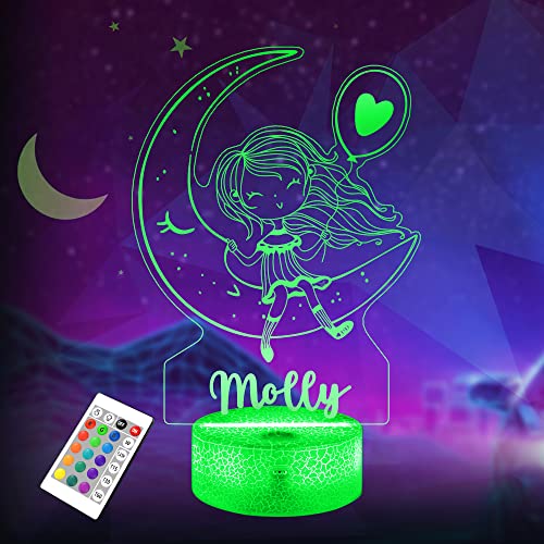 Nachtlicht Kinder Personalisierte Geschenke Baby 3D LED mit Name Acryl Nachtlampe,16 Farben Fernbedienung,Raumdekoration Geschenk für Mädchen Jungen Frauen Geburtstag Weihnacht (Mond und Mädchen) von Lightzz