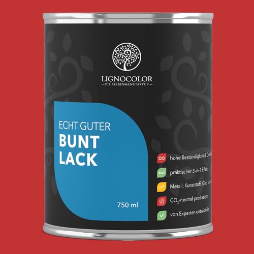Lignocolor Buntlack glänzend (750 ml, Rot) | hochbeständiger Lack für Holz, Metall, Kunststoff & Kinderspielzeug von Lignocolor