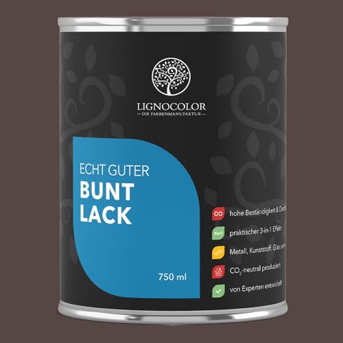 Lignocolor Buntlack | hochdeckender Lack für Kinderspielzeug | Holz, Metall & Kunststoff im Innenbereich | in vielen Farbtönen verfügbar (750 ml, Seidenmatt, Dunkelbraun) von Lignocolor