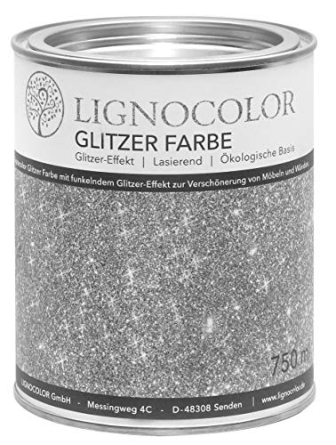 Lignocolor Glitzer Farbe (750 ml, Silber) Möbel und Wände in Glitter Optik, Effektfarbe Glitzereffekt, nicht deckend (transparent)– Made in Deutschland von Lignocolor