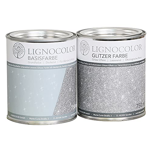 Lignocolor Glitzer Farbe Wandfarbe Möbelfarbe Effektfarbe Glitzereffekt, transparent lasierend – Made in Germany (Set: Glitzer Farbe + Basisfarbe, Silver) von Lignocolor