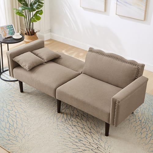 [2-in-1 Multifunktions-Sofabett] Zweisitzer-Sofa, Sofa mit Liegefunktion, Unabhängig Verstellbare Doppelrückenlehnen, Metallverzierungen, Baumwoll-Leinen-Stoff, Hochdichter Schaumstoff von Ligterra