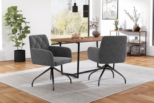 2er Set Esszimmerstühle 360°Drehbar - Moderne Drehstühle mit Rautenmuster & Lendenwirbelstütze, Gepolsterter Samt Sessel auf Metallbeinen, Für Wohnzimmer, Schlafzimmer, Arbeitszimmer，Anthracite von Ligterra