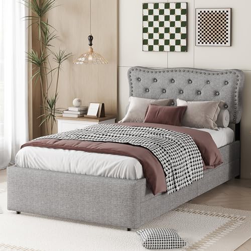 90x200 cm Bett mit gepolstertem Kopfteil & 2 Schubladen - Flaches Polsterbett mit dekorativen Nieten, Grey (Schlafzimmermöbel) von Ligterra