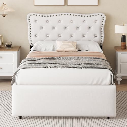 bettgestell 90 x 200 ，Single Bed gepolstertem Kopfteil & 2 Schubladen - Flaches Polsterbett mit dekorativen Nieten, Light beige (Schlafzimmermöbel) von Ligterra