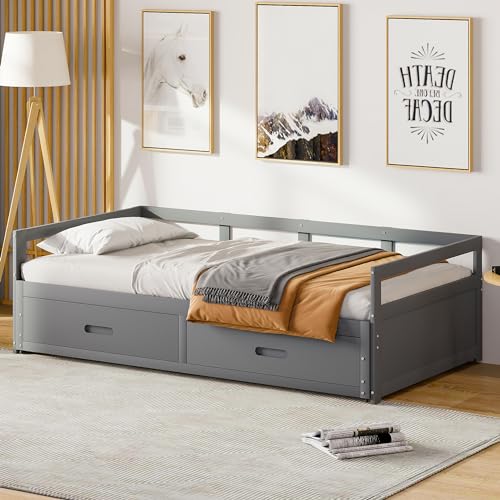 Kinderbett 90/180 * 200 cm, Ausziehbares Schlafsofa mit 2 Schubladen, Einzelbett mit Lattenrost Lattenrosten, Umwandelbar in Doppelbett, Kiefernbett mit Stauraum, Jugendbett Sofa Couch Bett, Grau ﻿ von Ligterra