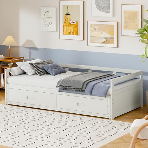 ﻿Kinderbett 90/180 * 200 cm, Ausziehbares Schlafsofa mit 2 Schubladen, Einzelbett mit Lattenrost Lattenrosten, Umwandelbar in Doppelbett, Kiefernbett mit Stauraum, Jugendbett Sofa Couch Bett, White von Ligterra