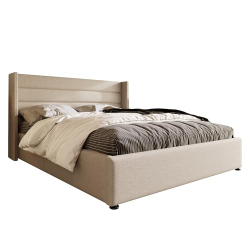 Polsterbett Hydraulikbett140x200 cm Doppelbett Lattenrost aus Holz & Metallrahmen Bett mit Leinenbezug Komfortables Doppelbett mit Aufbewahrungfunktion von Ligterra