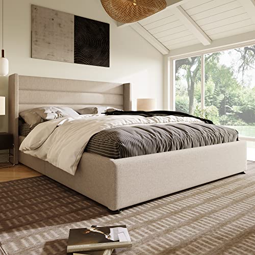 Polsterbett Hydraulikbett160x200 cm Doppelbett Lattenrost aus Holz & Metallrahmen Bett mit Leinenbezug Komfortables Doppelbett mit Aufbewahrungfunktion von Ligterra