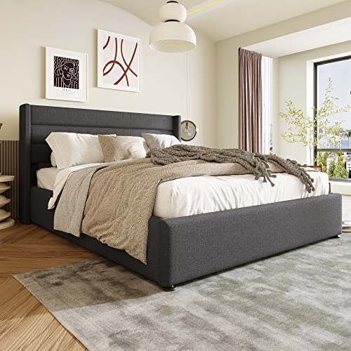 Polsterbett Hydraulikbett180x200 cm Doppelbett Lattenrost aus Holz & Metallrahmen Bett mit Leinenbezug Komfortables Doppelbett mit Aufbewahrungfunktion von Ligterra