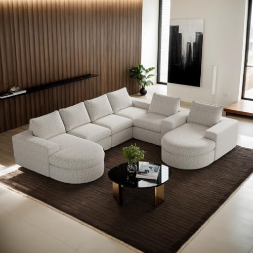 7 Sitzer Chenille Sofa L/U-Form mit gebogenen Elementen und Liegestuhl, vollständig komprimiert, modulares Kombinationssofa 2 L-Liegestuhl, Schaumstoff-Kompressionssofa (Creme) von Ligterra