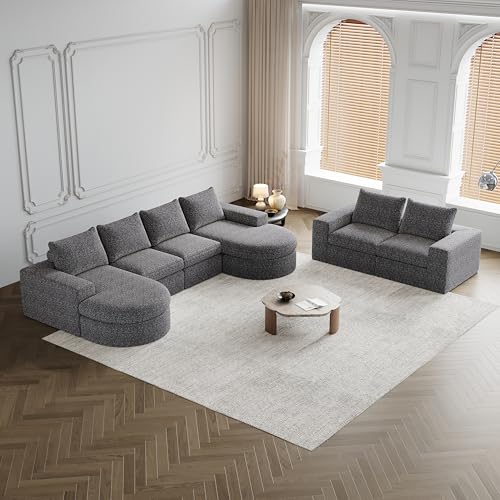 7 Sitzer Chenille Sofa L/U-Form mit gebogenen Elementen und Liegestuhl, vollständig komprimiert, modulares Kombinationssofa 2 L-Liegestuhl, Schaumstoff-Kompressionssofa (Grau) von Ligterra