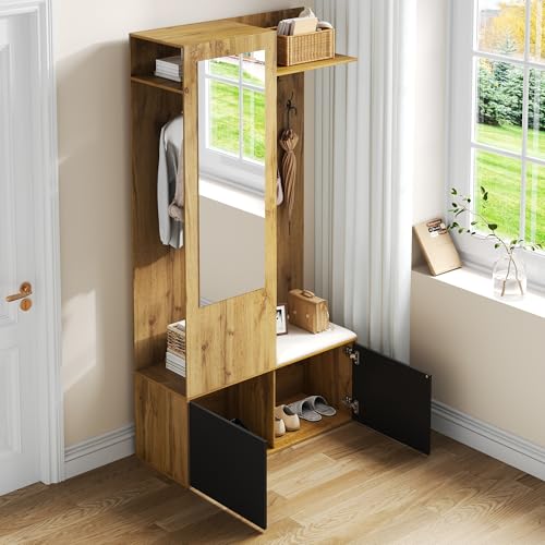 Das Kleiderschrank-Set Umfasst 5 Kleiderhaken, Einen Spiegel, Einen Schuhschrank, EIN Oberes Regal mit Verborgenem Bereich Zum Aufhängen und Eine Garderobenbank (Schwarz+Natur) von Ligterra