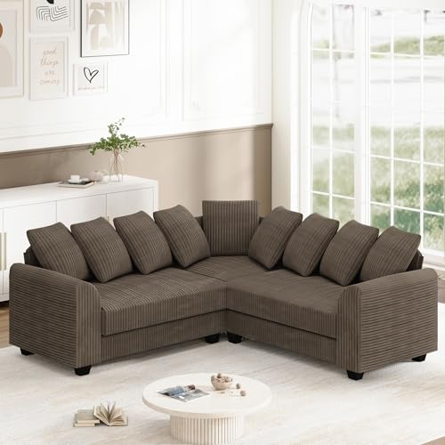 Ecksofa Modulares Sofa mit Multifunktionalem Fußhocker (L-Form), Atmungsaktive Baumwolle-Leinen-Kombi, Vertikalstreifen-Design, Premium Komfort, Raumsparend & Wandelbar（Braun） von Ligterra