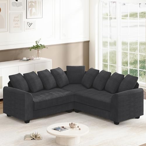 Ecksofa Modulares Sofa mit Multifunktionalem Fußhocker (L-Form), Atmungsaktive Baumwolle-Leinen-Kombi, Vertikalstreifen-Design, Premium Komfort, Raumsparend & Wandelbar（Grau） von Ligterra