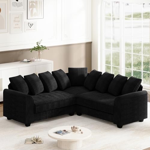 Ecksofa Modulares Sofa mit Multifunktionalem Fußhocker (L-Form), Atmungsaktive Baumwolle-Leinen-Kombi, Vertikalstreifen-Design, Premium Komfort, Raumsparend & Wandelbar（Schwarz） von Ligterra