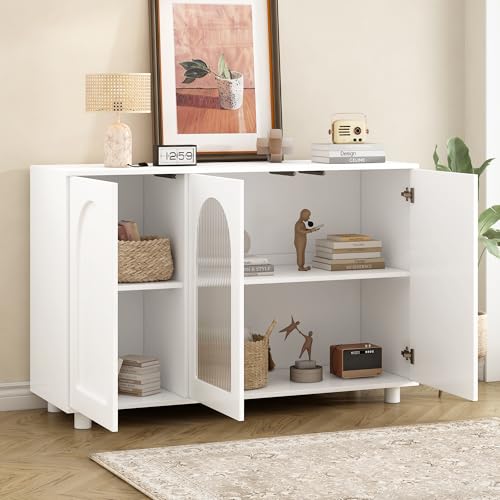 Elegantes und Schlichtes U-förmiges Sideboard in Reinweiß mit Glastür und Rebounder-Design für Küche, Wohnzimmer und Esszimmer von Ligterra