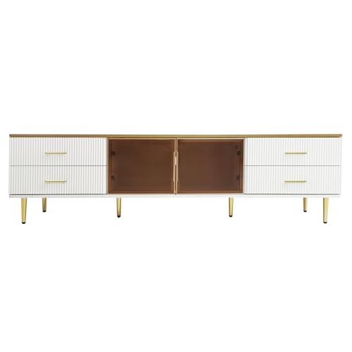 Fernsehschrank TV Lowboard in Marmoroptik mit 2 braunen Sicherheitsglas-Türen & 4 Schubladen Goldene Griffe & 4-Bein Design Modernes TV-Möbel für Wohnzimmer von Ligterra