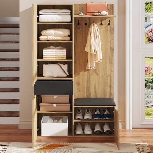 Garderobenset mit 5 Garderobenhaken, Spiegel, Schuhschrank, Einbauschrank mit Oberen Regalen, Schubladen, Oberen Ablagefächern, Flurgarderobenbank (Schwarz+Natur) von Ligterra
