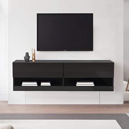 Hängender TV Schrank mit LED Beleuchtung (7 Farben, Fernbedienung) - Moderner Lowboard Fernsehschrank 140x35x40 cm Black, Media Schrank mit Schubladen für Wohnzimmer, TV Board mit RGB Licht von Ligterra