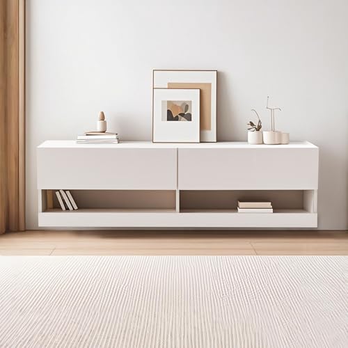 Hängender TV Schrank mit LED Beleuchtung (7 Farben, Fernbedienung) - Moderner Lowboard Fernsehschrank 140x35x40 cm Weiß, Media Schrank mit Schubladen für Wohnzimmer, TV Board mit RGB Licht von Ligterra