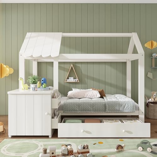 Hausbett 90x200cm, Jugendbett, Bodenbett, Kinderbett aus Massivholz in Weiß mit Rausfallschutz-mit Schubladen & Abnehmbarem Nachttisch-Bodenbett, Ohne Matratze, 205 * 182 * 176cm Hausbett 90x200cm, Jugendbett, Bodenbett, Kinderbett aus Massivholz in Weiß mit Rausfallschutz-mit Schubladen & Abnehmbarem Nachttisch-Bodenbett, Ohne Matratze, 205 * 182 * 176cm von Ligterra