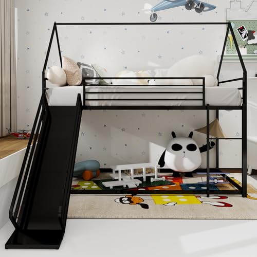 Hochbett mit Rutsche, Kinderbett, Haus Geformt Bettgestell Leiter, Kein Boxspring Benötigt Einfach Zu Montieren, 194 * 105 * 179cm (Schwarz) von Ligterra