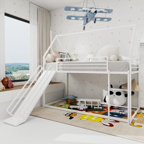 Hochbett mit Rutsche, Kinderbett, Haus Geformt Bettgestell Leiter, Kein Boxspring Benötigt Einfach Zu Montieren, 194 * 105 * 179cm (Weiß) von Ligterra