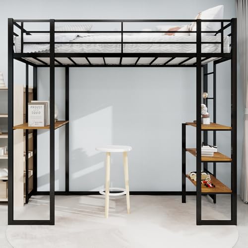Hochbett mit Schreibtisch, Eisenrahmenbett Bett und Tisch, Kinder und Jugendheimbett mit Schreibtisch, Geländer und Treppe, 200 * 107 * 180cm (Schwarz) von Ligterra