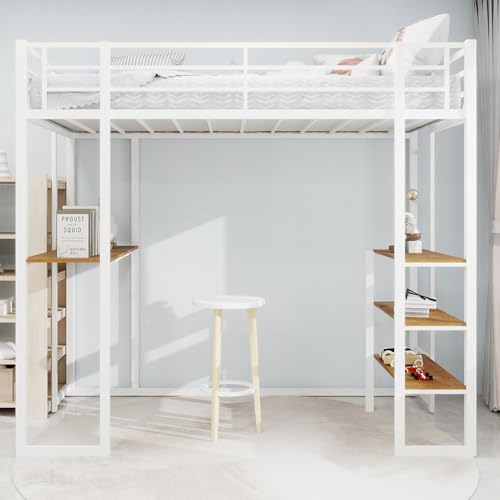 Hochbett mit Schreibtisch, Eisenrahmenbett Bett und Tisch, Kinder und Jugendheimbett mit Schreibtisch, Geländer und Treppe, 200 * 107 * 180cm (Weiß) von Ligterra