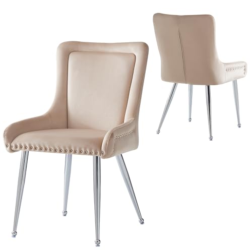Hochwertiger Esszimmerstuhl aus Samtstoff (2 Stück), Schminkstuhl, verzinkte Silberne Eisenbeine, einzigartiges Design, Leichter Luxusstuhl, verstellbare Beine, Beige von Ligterra