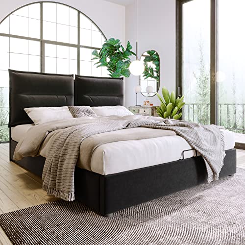 Hydraulisches Bett Polsterbett Doppelbett 140x200 Samt Polsterbett mit Stauraum Verstellbares Kopfteil Metallrahmen & Lattenrost Modernes Bettgestell ohne Matratze Schwarz von Ligterra