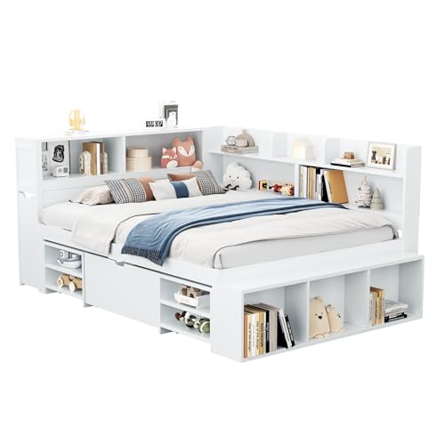 Kinderbett, 90x200 cm Einzelbett-multifunktionales Kinderbett mit Schubladen, Bücherregal & Stauschrank, inkl. Lattenrost, ohne Matratze Kinderbett, 90x200 cm Einzelbett-multifunktionales Kinderbett mit Schubladen, Bücherregal & Stauschrank, inkl. Lattenrost, ohne Matratze von Ligterra