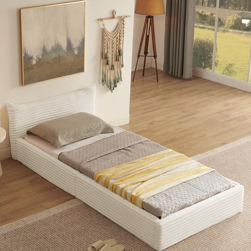 Kinderbett 90x200 cm Einzelbett aus Eukalyptus Holz mit Stabilem Eisenrahmen, Weicher Chenille Bezug, Einfache Montage - Beige (Ohne Matratze) von Ligterra