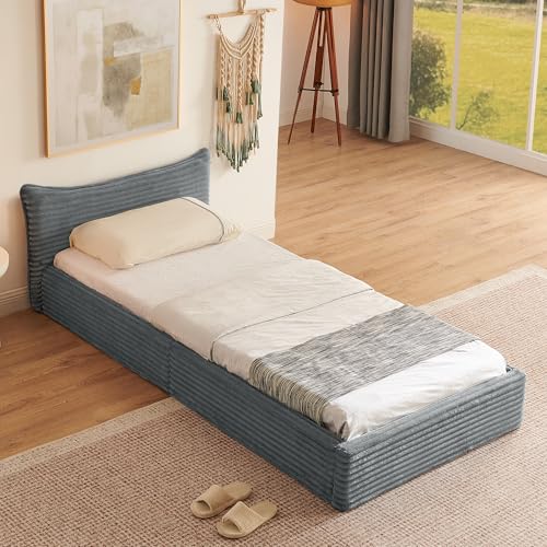 Kinderbett 90x200 cm Einzelbett aus Eukalyptus Holz mit Stabilem Eisenrahmen, Weicher Chenille Bezug, Einfache Montage - Dark Gray (Ohne Matratze) von Ligterra