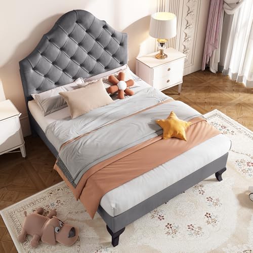 Kinderbett 90x200 cm mit Lattenrost & höhenverstellbarem Kopfteil, Jugendbett Einzelbett mit Holzlattenunterstützung, Einfache Montage, Samt Bezug, Gray Kinderbett 90x200 cm mit Lattenrost & höhenverstellbarem Kopfteil, Jugendbett Einzelbett mit Holzlattenunterstützung, Einfache Montage, Samt Bezug, Gray von Ligterra