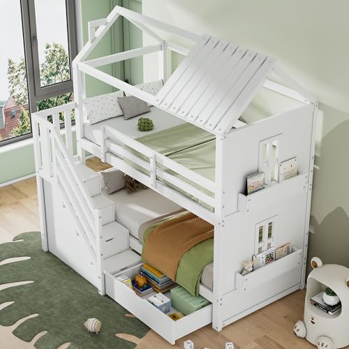 Kinderbett 90x200cm Etagenbett Hochbett mit Stauraumtreppe & Schubladen Multifunktionales Bett mit Regalen & Extra Großem Stauraum Kiefer & MDF Massivholz Ohne Matratze Weiß von Ligterra