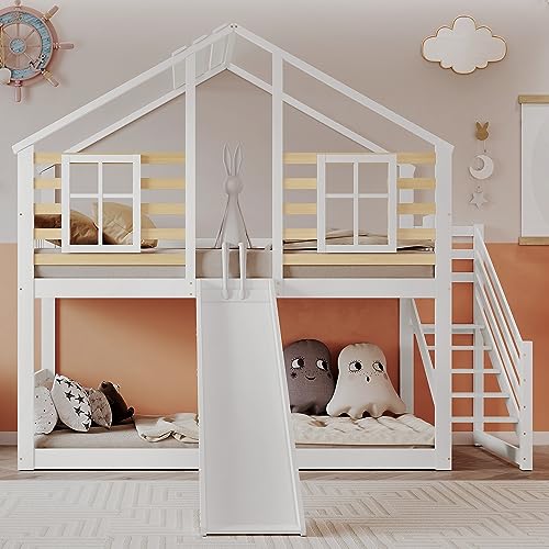 Kinderbett Hochbett mit Rutsche, 2-Etagenbett mit Treppe & Fenster, Massivholz Bett mit Sicherheitsgitter im Blockhaus-Stil Spielbett Hochbett, Weiß Kinderbett Hochbett mit Rutsche, 2-Etagenbett mit Treppe & Fenster, Massivholz Bett mit Sicherheitsgitter im Blockhaus-Stil Spielbett Hochbett, Weiß von Ligterra