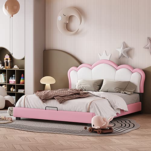 Kinderbett Polsterbett 140 * 200cm mit Lattenrosten und Rückenlehne, Mädchenbett mit Kronenformung, Rosa (Matratze Nicht Enthaltet) von Ligterra