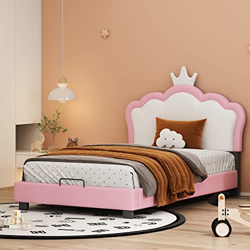 Kinderbett Polsterbett 90 * 200cm mit Lattenrosten und Rückenlehne, Mädchenbett mit Kronenformung, Rosa (Matratze Nicht Enthaltet) von Ligterra