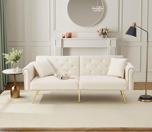 Klappsofa mit Schlaffunktion, Schlafsofa 2 Sitzer aus Samtstoff, Schlafcouch mit 3 Kissen, 173x75x70 cm Multifunktionaler Schlafsessel fürs Wohnzimmer/Schlafzimmer/Gästezimmer, Beige von Ligterra