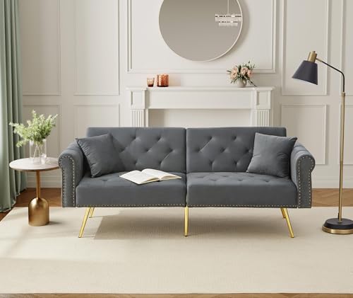 Klappsofa mit Schlaffunktion, Schlafsofa 2 Sitzer aus Samtstoff, Schlafcouch mit 3 Kissen, 173x75x70 cm Multifunktionaler Schlafsessel fürs Wohnzimmer/Schlafzimmer/Gästezimmer, Grau von Ligterra