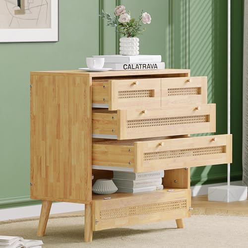 Kommode, Schrank mit 3 Schubladen, mit Rattan-Schubladenplatte, mit unterem Flip-Top-Deckel, mit goldfarbenem Metallgriff und Holzbeine, Stauraum im Wohnzimmer und Schlafzimmer von Ligterra