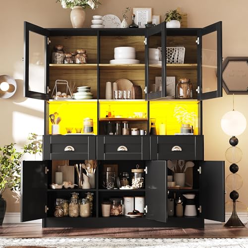 Küchenschrank, Hochschrank Küchenbuffet, Vitrinenschrank, Buffetschrank mit Verstellbaren Ablagen, Sideboard mit LED-Beleuchtung, Variable Lichtfarben, 140×40×175cm (Schwarz) von Ligterra