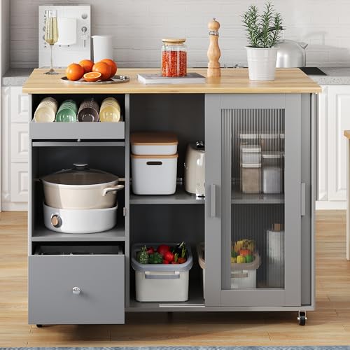 Ligterra 112×69×91cm, klappbarer Kücheninselwagen, Eichenholzfurnier, Schubladen, großer Kücheninselwagen mit Schiebetüren aus gehärtetem Glas und verstellbaren Einlegeböden(Grau) von Ligterra